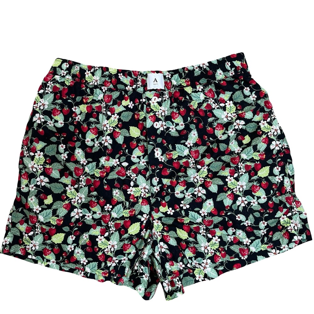 Anthropologie Strawberry Print Boxer Shorts Women Size M Black Red Fruit Floral